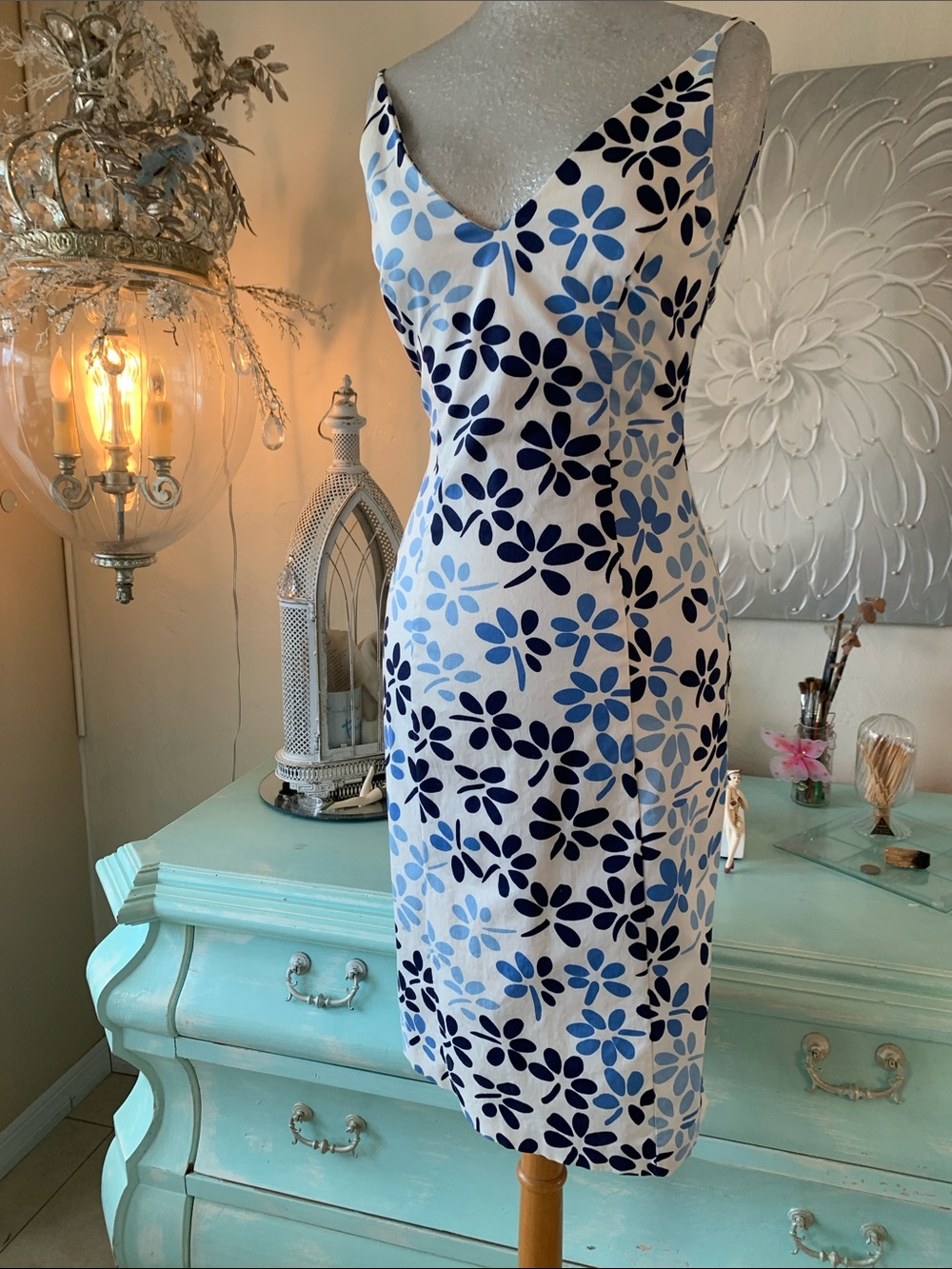 Helen Wang blue and white sheath dress small